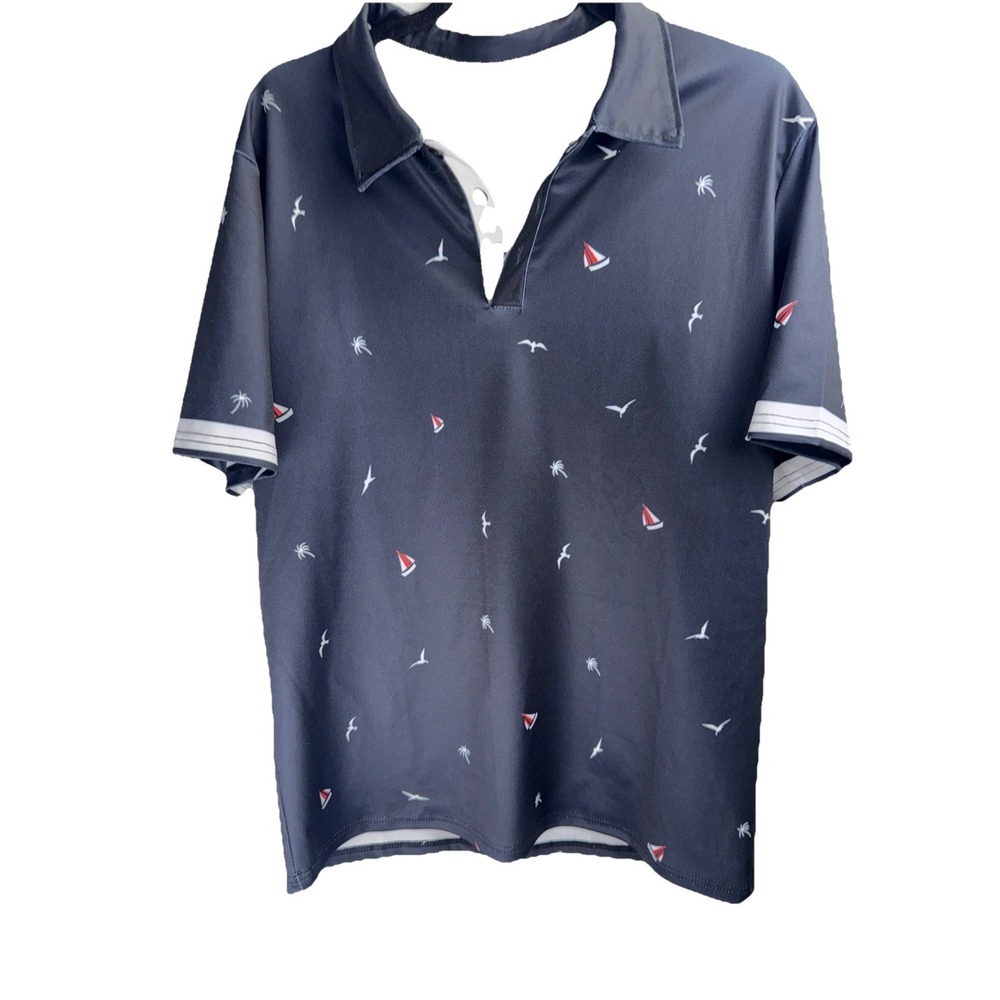 Men's short sleeved polo shirt summer fashion printed sports T-shirt, navy blue - Picture 4 of 8